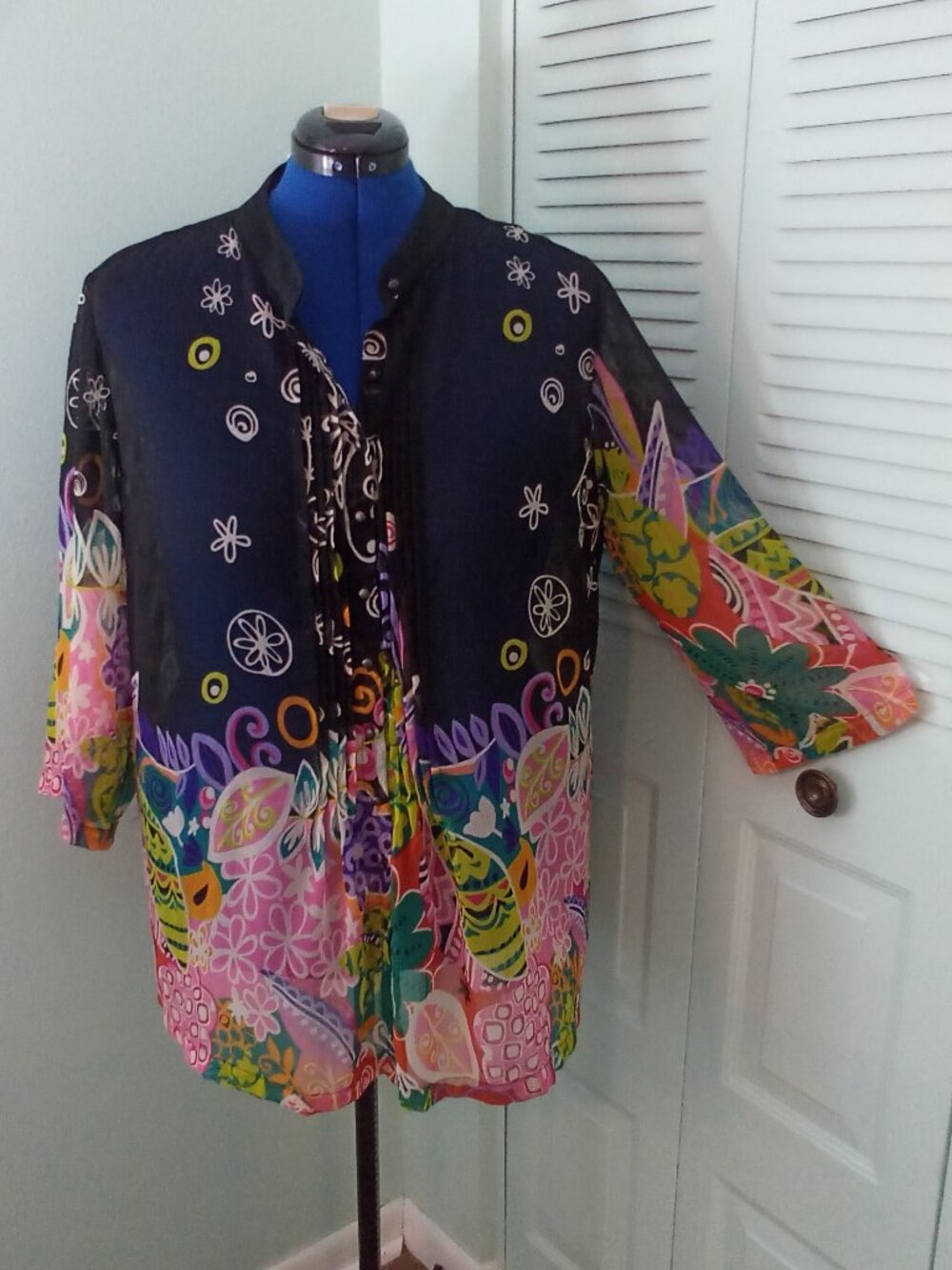SOFT SURROUNDINGS 2X BUTTON-UP SHEER MULTI ABSTRACT FLORAL PIN-TUCK PLEATS